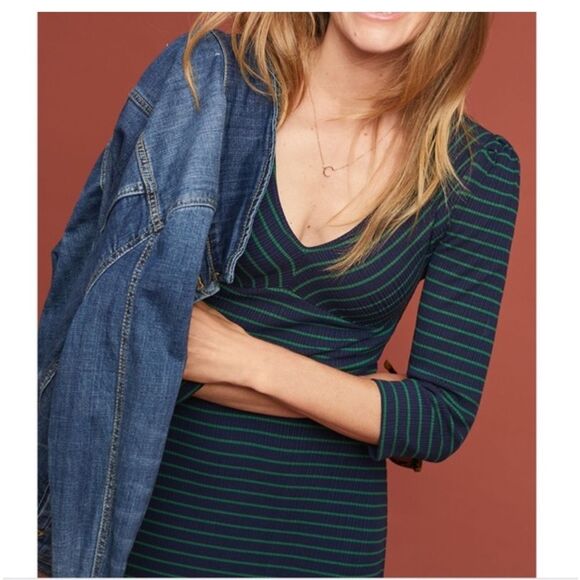 ANTHROPOLOGIE MAEVE Flores Blue Green Ribbed Striped Midi Dress Medium - Picture 15 of 15